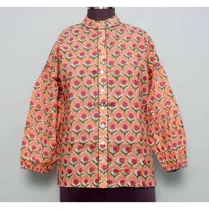 Blusa de Mujer Estilo Camisa, Diseño Floral Vintage, 100% Algodón Ecológico, Transpirable, Mangas Abullonadas, Cuello Redondo, para Verano - Product Image 1