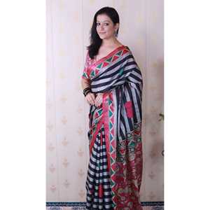 Sari de Seda Tussar Gris Tradicional Chino de Elite Weaves con Rayas y Diseño Estampado con Hilo Zari - Product Image 2