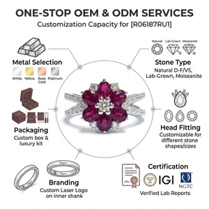 Anillo de Oro Sólido con Rubí Natural y Diamantes, Diseño de Flor, Fabricante de Joyería Personalizada al por Mayor, MOQ 1 Pieza - Product Image 5