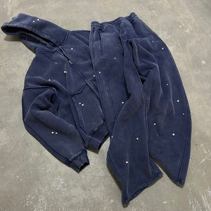 Conjunto Deportivo Personalizado para Hombre, de Alta Calidad, Fabricado en Algodón, Estilo Vintage, Lavado, con Cremallera y Perlas, Sudadera con Capucha y Pantalones Deportivos Rectos - Product Image 6
