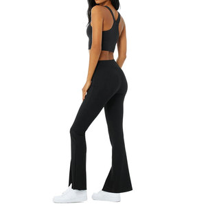 Women 2 Piece Yoga Set High Waist Flared Leggings V Neck Racerback Sports Bra Solid Black Activewear Workout <b>Clothing</b> - Product Image 3