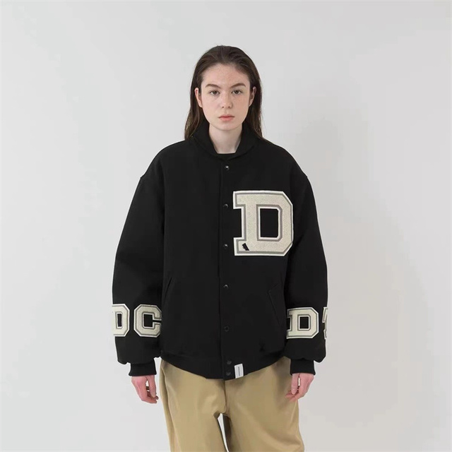 Black Cotton Varsity Jacket With Embroidered Letter D Front And Sleeve Details Unisex Casual Style Autumn Wear