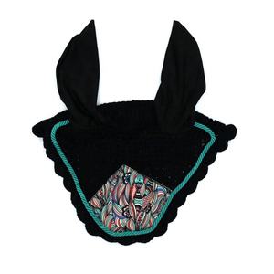 Tough Tack Horse <b>Fly</b> <b>Mask</b> Reusable Crochet Black with Colorful Pattern and Teal Trim Durable Large Animal Pet Product - Product Image 1