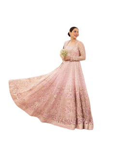 Vestido de Novia Pakistaní Premium, Color Durazno Pastel, Largo hasta el Suelo, con Delicado Bordado Floral y Detalles de Lentejuelas - Product Image 5