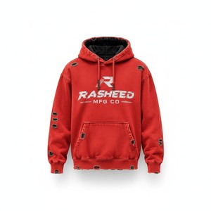 Streetwear Distressed <b>RED</b> Breathable 100% Cotton Heavyweight Oversized Hooded <b>Sweatshirt</b> Streetwear Winter Men <b>Women</b> Loose Fit - Product Image 2