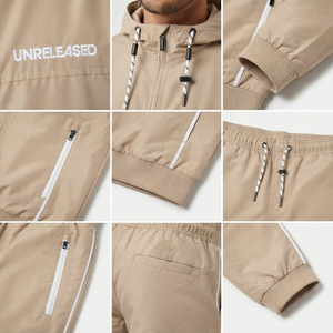 Ensemble de survêtement coupe-vent pour homme avec veste à capuche zippée légère en nylon et pantalon de jogging imperméable – Idéal pour le camping - Product Image 6