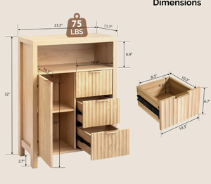 NOUVEAU Meuble de rangement moderne en chêne clair cannelé avec étagère ouverte, 1 porte et 3 tiroirs, buffet en bois pour salon et entrée - Product Image 3