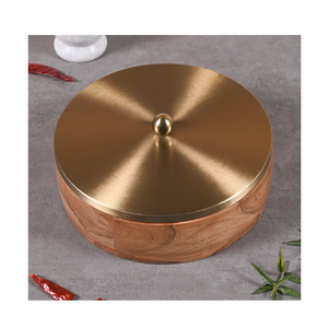 Wooden Chapati Box Casserole round Shape brass lid Roti Serving Box with Carved Design and Lid for Lunches - Product Image 1