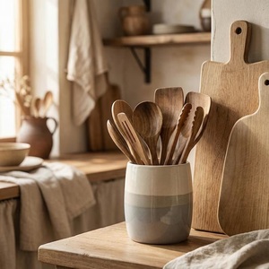 Porte-ustensiles contemporain en céramique grès, finition lisse, glaçure bicolore, haute résistance, résistant à la chaleur, organisateur de cuisine - Product Image 2