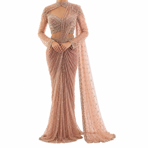 Sari Rosa Pálido Modesto y Natural de Diseñador, Pre-Drapeado, Recto, Largo hasta el Suelo, con Bordado a Mano de Lentejuelas y Perlas - Product Image 4