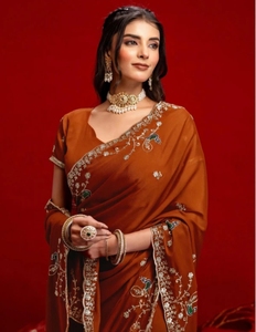 KV Women's Embroidered, Embellished Bollywood Georgette <b>Saree</b> With Unstitched Blouse (<b>Orange</b>) - Product Image 1