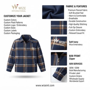 Wize International Men's Plaid Fleece <b>Jacket</b> Zipper Closure Turn-down Collar Casual Autumn Wear Men's <b>Jackets</b> - Product Image 6