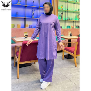 Lavender <b>Modest</b> Knit Tracksuit Women Plain Longline Sweatshirt and Trousers <b>Set</b> Soft Cotton Islamic Activewear - Product Image 2