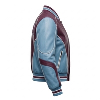Jaket Bomber Varsity Kulit Asli Wanita Warna Biru Langit Burgundy Detail Piping Kustom Tepi Bergaris Penyedia Layanan Pabrik OEM