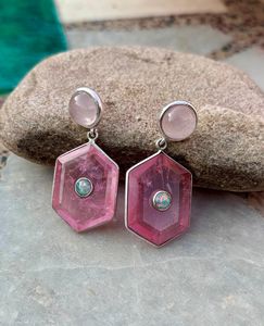 Pendientes Colgantes de Turmalina Rosa y Cuarzo Rosa, Plata de Ley Chapada en Oro, Joyería Hecha a Mano de Lujo, Elegante Regalo para Mujer, Fiesta - Product Image 3