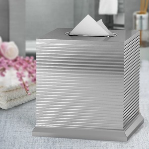 Modern Square <b>Tissue</b> Box Cover Wooden Top <b>Black</b> Metal Base Free Standing Decorative Home Accessory - Product Image 3