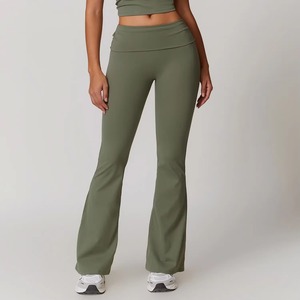 Pantalon long évasé taille haute pour femme, extensible, à effet froncé, couleur unie, pour le fitness, vente en gros - Product Image 3