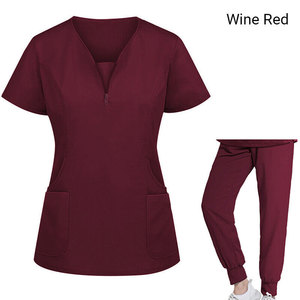 Custom Women's <b>Maroon</b> Scrub Set Short Sleeve <b>Top</b> With Zipper And Jogger Pants Hospital Uniform Knitted Cotton Polyester Stretchy - Product Image 4