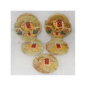 Juego de posavasos de piedra jabonosa redondos para decoración del hogar y hoteles con un hermoso diseño de flores incrustadas, ideales para regalo. - Product Image 3
