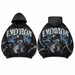 Sudadera con capucha y cremallera con estampado de máscara de gas Evolution para hombre, estilo oversize, streetwear, negra, de punto, para otoño - Product Image 1