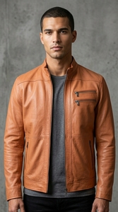 Chaqueta de Motociclista de Cuero Vacuno Naranja para Hombre, Cuello Alto, Cierre de Cremallera, Manga Regular, Estilo Biker Otoñal, Color Sólido, Alta Calidad - Product Image 5