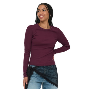 Camiseta de Punto para Mujer, Color Borgoña, Manga Larga, Cuello Redondo, Ajustada, de Algodón y Elastano, Estilo Casual - Product Image 1