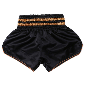 Black Silk Boxing Shorts Gold Trim Elastic Waistband Unisex Loose Fit Adult Martial <b>Arts</b> Wear Stretch Breathable 220g Plain Dyed - Product Image 1