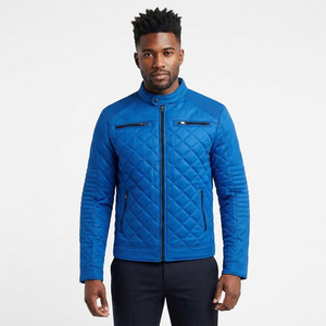 Custom Logo Men's Royal Blue Diamond <b>Quilted</b> Biker-Style Jacket – Lightweight Spring Jacket - Product Image 3