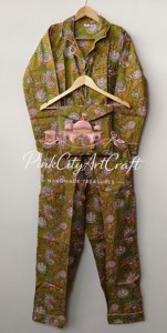 Handcrafted Cotton Floral Night Suit Artisanal Jaipuri Block Print Olive Green Loungewear Co-ord Set Notch Collar <b>Pyjamas</b> <b>Summer</b> - Product Image 5