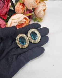 Designer Oval Stone <b>Crystal</b> <b>Stud</b> <b>Earrings</b> Ethnic Antique Gold Plated Fashion Indo Western Party Wear Jewelry For Women Wholesale - Product Image 6