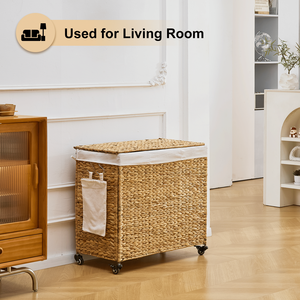 Moderno Cesto Portabiancheria a 3 Scomparti da 165L con Coperchio e Ruote, in Giacinto d'Acqua Naturale Intrecciato e Struttura in Metallo per Uso Bagno - Product Image 6