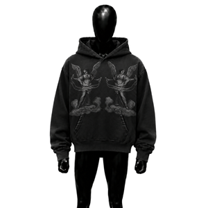 Sweat à capuche graphique Black Angel, délavé vintage, coupe oversize, streetwear, pull gothique, style artistique, épais, décontracté, unisexe, mode, soldes - Product Image 1