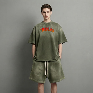 New Arrived 2026 Summer wear Eco-Friendly Casual Wear Sportswear Custom DTF Printed logo 100% Cotton washed Hip Hop Men's set - Product Image 1