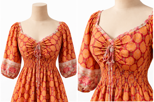 Vestido Largo Casual para Mujer con Mangas Abullonadas, Estampado Artesanal, Ribete Inferior, Cuello con Lazos y Bolsillos Laterales - Una Obra Maestra de la Moda - Product Image 5