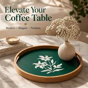 Plateau de rangement rond en bois fait main avec gravure florale, surface verte, style minimaliste, pour table, provenance Inde - Product Image 5