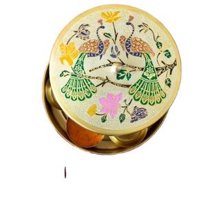 Elegant Parrot Printed Design Brass Masala Dabba Spice Box with Floral Engraved Lid Handmade <b>Kitchen</b> <b>Storage</b> <b>Container</b> - Product Image 2