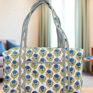 Quilted Cotton Weekender Travel <b>Bag</b> Large Shoulder Tote With Zipper Lightweight <b>Overnight</b> Duffle for Women - Product Image 2