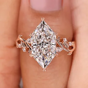 Dutch Marquise Cut Diamond Ring in Rose <b>Gold</b> with Vintage Leaf Design, Engagement Ring, Floral Inspired Fine Jewelry for Women - Product Image 1