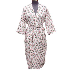 Bata de mujer con estampado floral, cuello en V, manga tres cuartos, largo completo, 100% algodón, suave, informal, de secado rápido, transpirable, con cierre de cinturón - Product Image 1