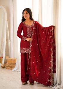 Designer Glass Roman Silk Fabric With Embroidery Sequence And Jari Work <b>Top</b> And Dupatta Set With Farshi Salwar Ready To Wear - Product Image 2