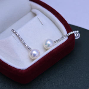 Freshwater 8-9mm White Round Almost Flawless Pearls Korean Version S925 <b>Silver</b> <b>Dangle</b> <b>Earrings</b> with Full Circle Inlay for Women - Product Image 3