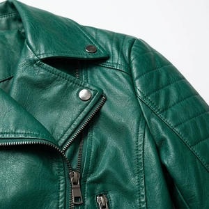 <b>Women's</b> Green PU <b>Leather</b> Motorcycle <b>Jacket</b> Zip Up Turn Down Collar Slim Short Biker Coat - Product Image 6