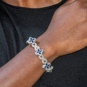 Bracelet Trèfle Porte-Bonheur Saphir Bleu en Argent Sterling 925 Plaqué Or 13mm, Bijou Hip Hop Sertie de Diamants Moissanite VVS, Cadeau - Product Image 5