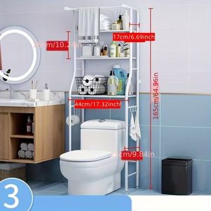 Scaffale portaoggetti a 3 livelli in metallo da posizionare sopra il WC, salvaspazio, facile da montare senza forare, con ganci porta carta igienica e organizer - Product Image 6