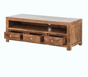 Solid Wood TV <b>Cabinet</b> | Honey Finish 3-Drawer Entertainment Unit with Open Shelf | <b>Rustic</b> Farmhouse Storage Furniture - Product Image 2