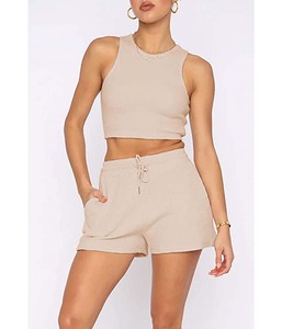 Conjunto Deportivo para Mujer, Top Corto Acanalado Transpirable y Pantalones Cortos Deportivos Elásticos, Ropa de Entrenamiento - Product Image 2