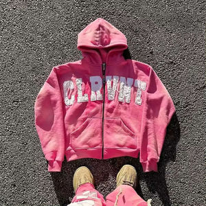 Custom <b>Vintage</b> Acid Wash Oversized Zip-Up Hoodie <b>Y2K</b> Towel Embroidery Letter Patchwork Raw Edge Heavyweight Men's Hoodies - Product Image 1