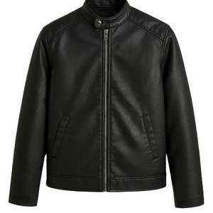 Men's <b>Black</b> PU Leather Moto <b>Jacket</b> Stand Collar Zipper Closure Regular Fit Solid Color Autumn Wear - Product Image 1