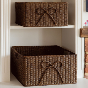 Rectangular Rattan Wicker Storage <b>Basket</b> With Decorative Bow Eco Friendly <b>Shelf</b> Organizer <b>Basket</b> Wholesale Bulk OEM Home Storage - Product Image 2