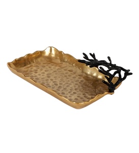 Premium Quality Metal Food Serving <b>Tray</b> Handmade Hammered Designing Silver Finishing <b>Tray</b> With Gold Finished Metal Wire Handle - Product Image 6